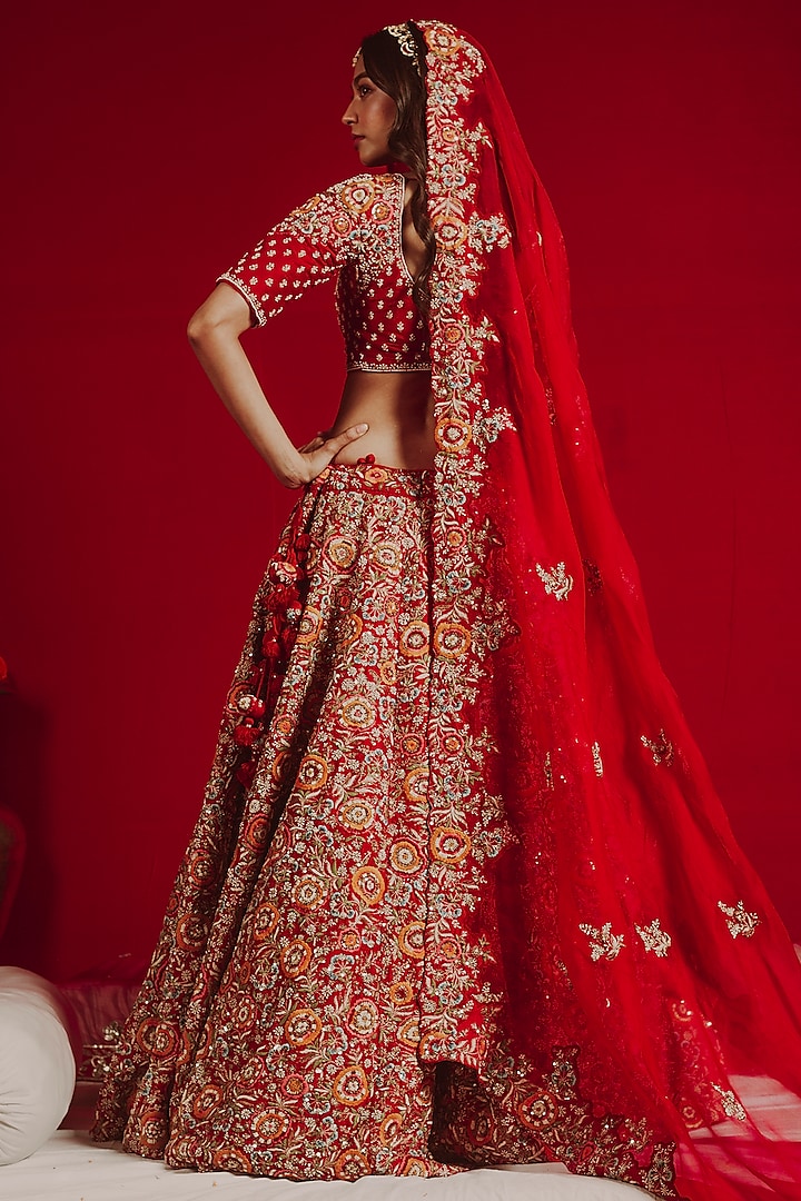 Red Raw Silk Embroidered Bridal Lehenga Set by Aangan by Parul at Pernia's Pop Up Shop