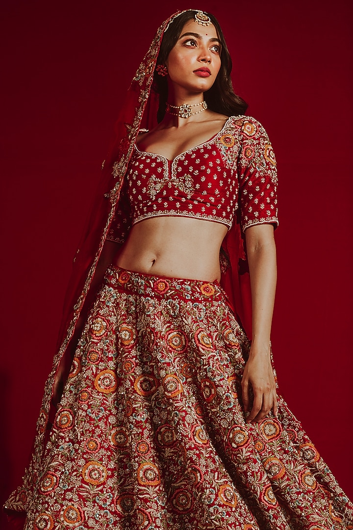 Red Raw Silk Embroidered Bridal Lehenga Set by Aangan by Parul at Pernia's Pop Up Shop