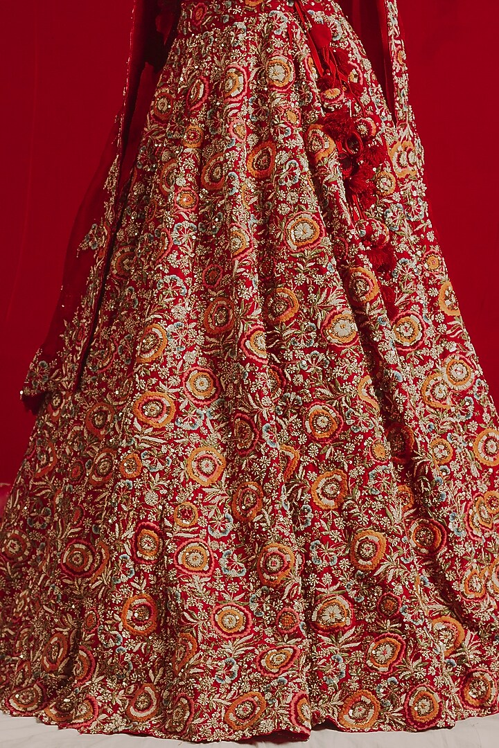 Red Raw Silk Embroidered Bridal Lehenga Set by Aangan by Parul at Pernia's Pop Up Shop