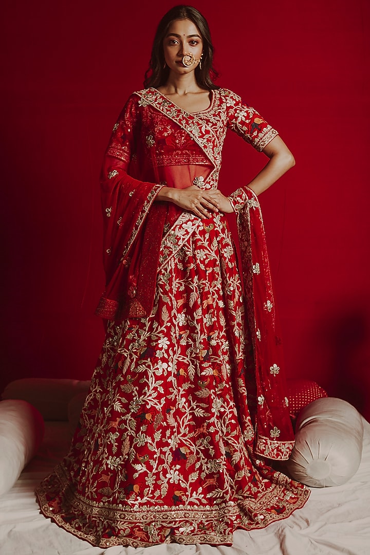 Red Gota Embroidered Lehenga Set by Aangan by Parul