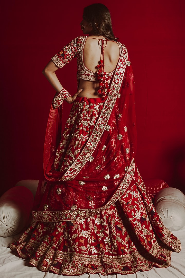 Red Gota Embroidered Bridal Lehenga Set by Aangan by Parul at Pernia's Pop Up Shop