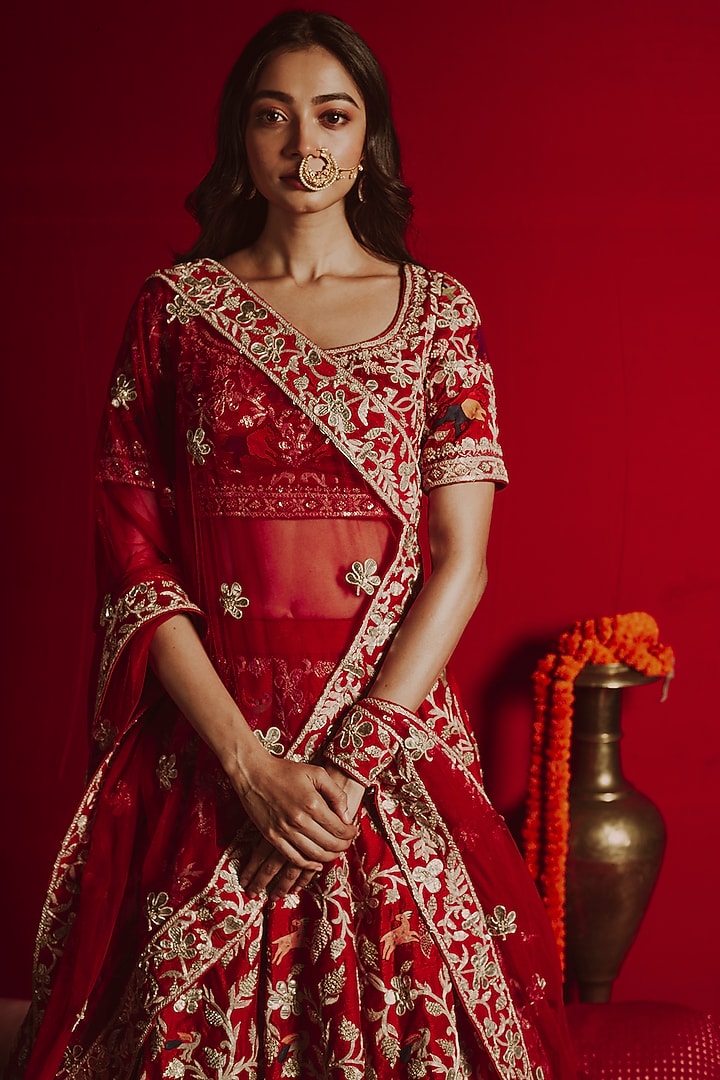 Red Gota Embroidered Bridal Lehenga Set by Aangan by Parul at Pernia's Pop Up Shop
