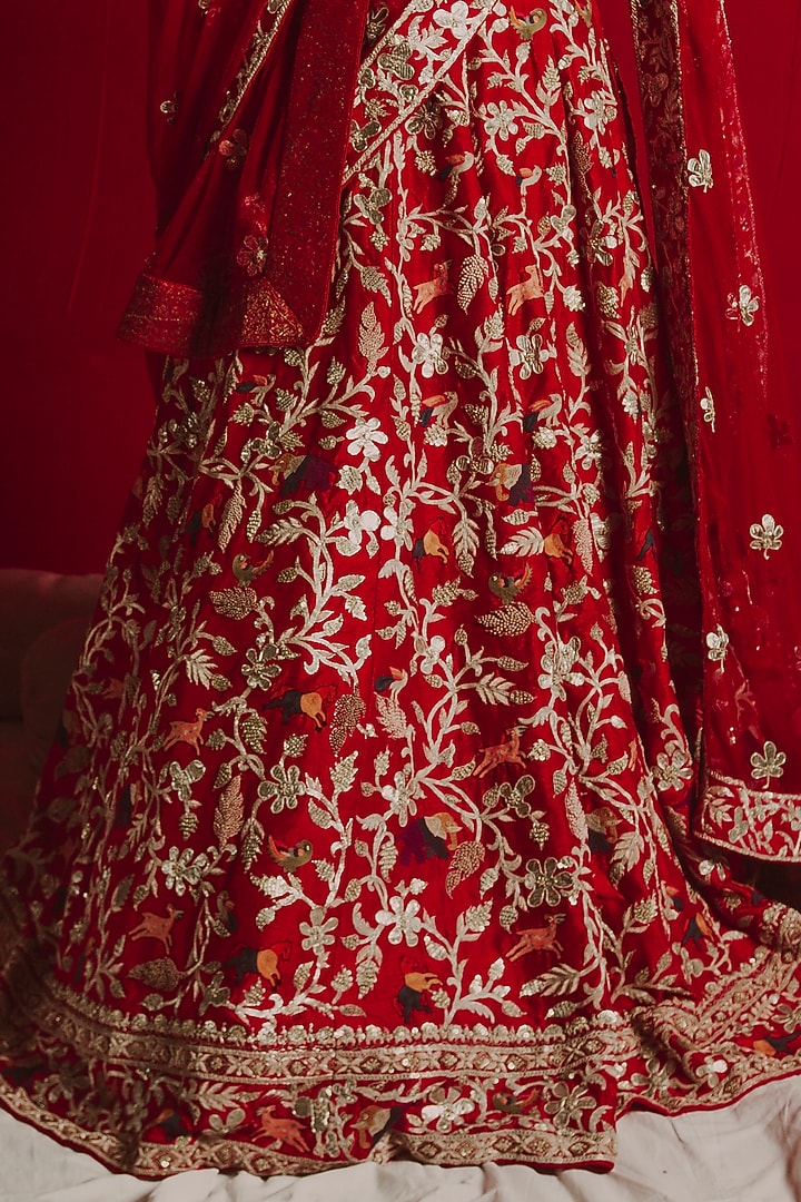 Red Gota Embroidered Bridal Lehenga Set by Aangan by Parul at Pernia's Pop Up Shop