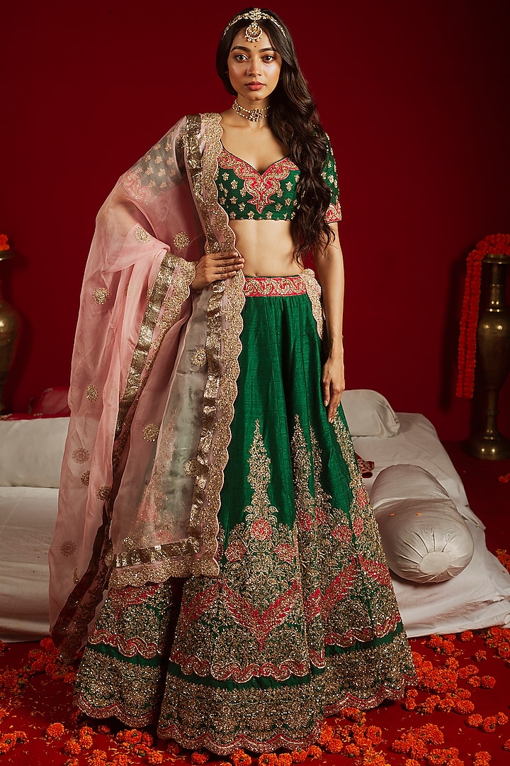 Green Silk Embroidered Lehenga Set by Aangan by Parul