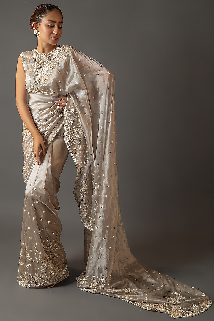 Grey Embroidered Saree Set by Aangan by Parul