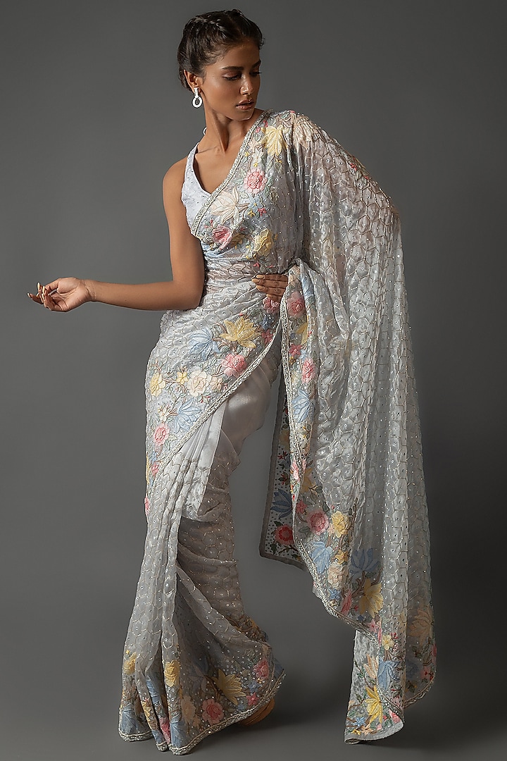 Light Blue Metallic Organza Honeycomb Embroidered Saree Set by Aangan by Parul