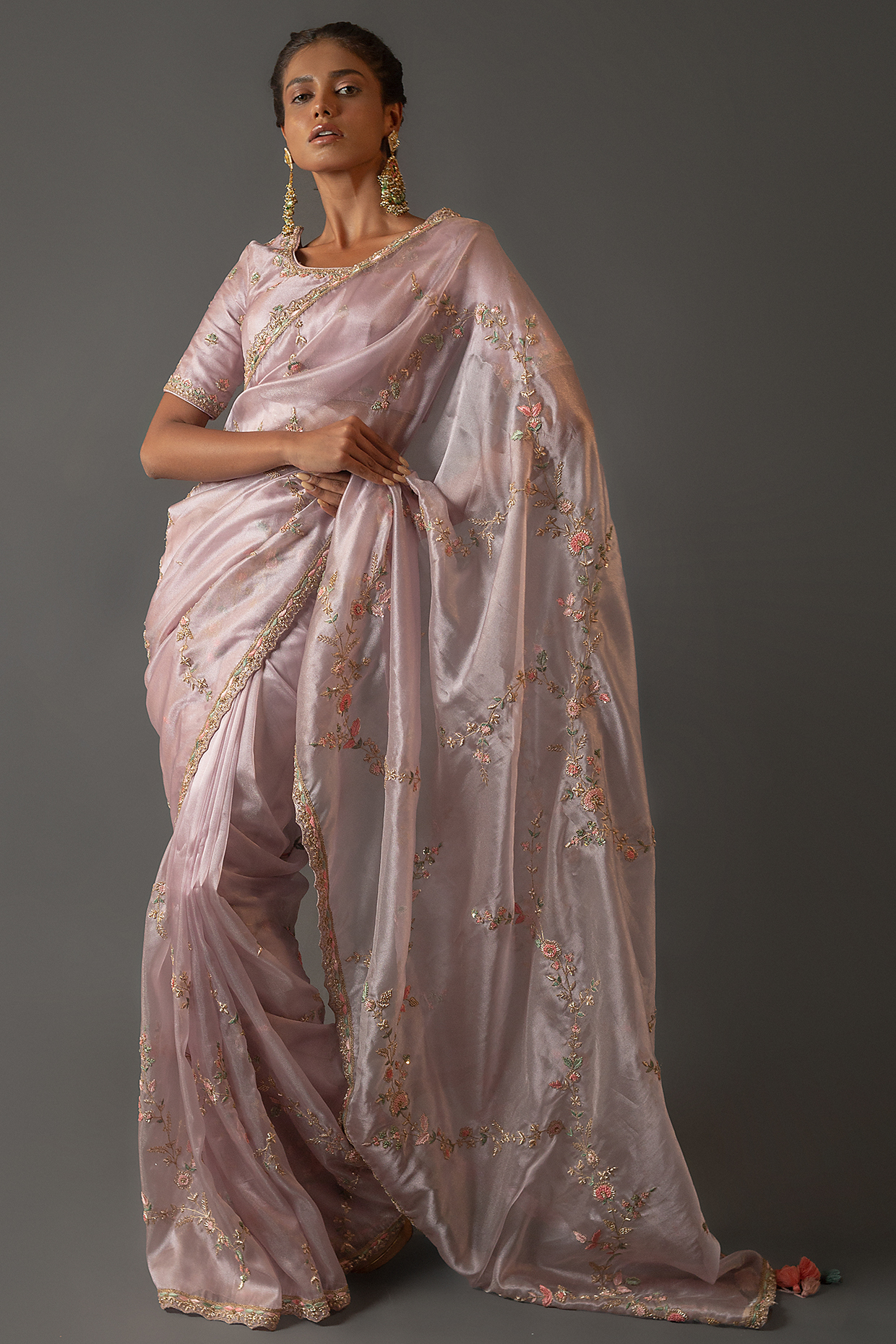 Light Mauve Metallic Organza Zardosi Embroidered Wedding Saree Set by Aangan by Parul at Pernia's Pop Up Shop