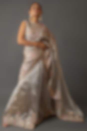 Light Grey Metallic Organza Floral Embroidered Saree Set by Aangan by Parul at Pernia's Pop Up Shop