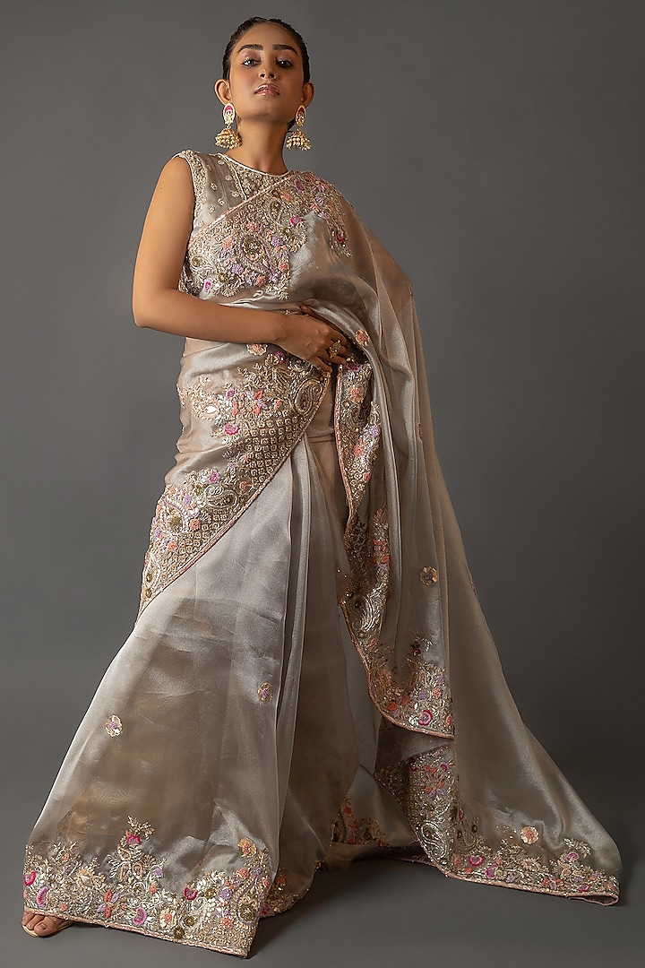 Light Grey Embroidered Saree Set by Aangan by Parul