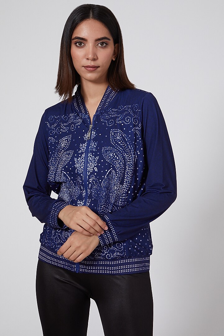 Cobalt Blue Digital Printed Bomber Jacket by And at Pernia's Pop Up Shop