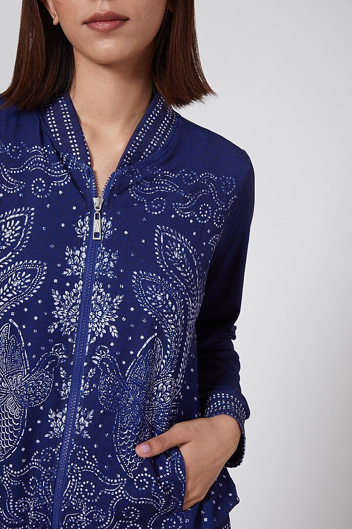Cobalt Blue Digital Printed Bomber Jacket by And at Pernia's Pop Up Shop