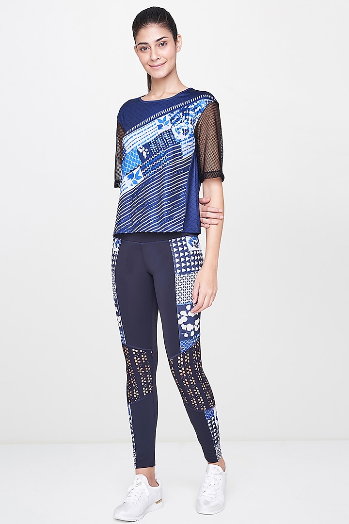 Navy Blue Printed T-Shirt With Leggings by AND