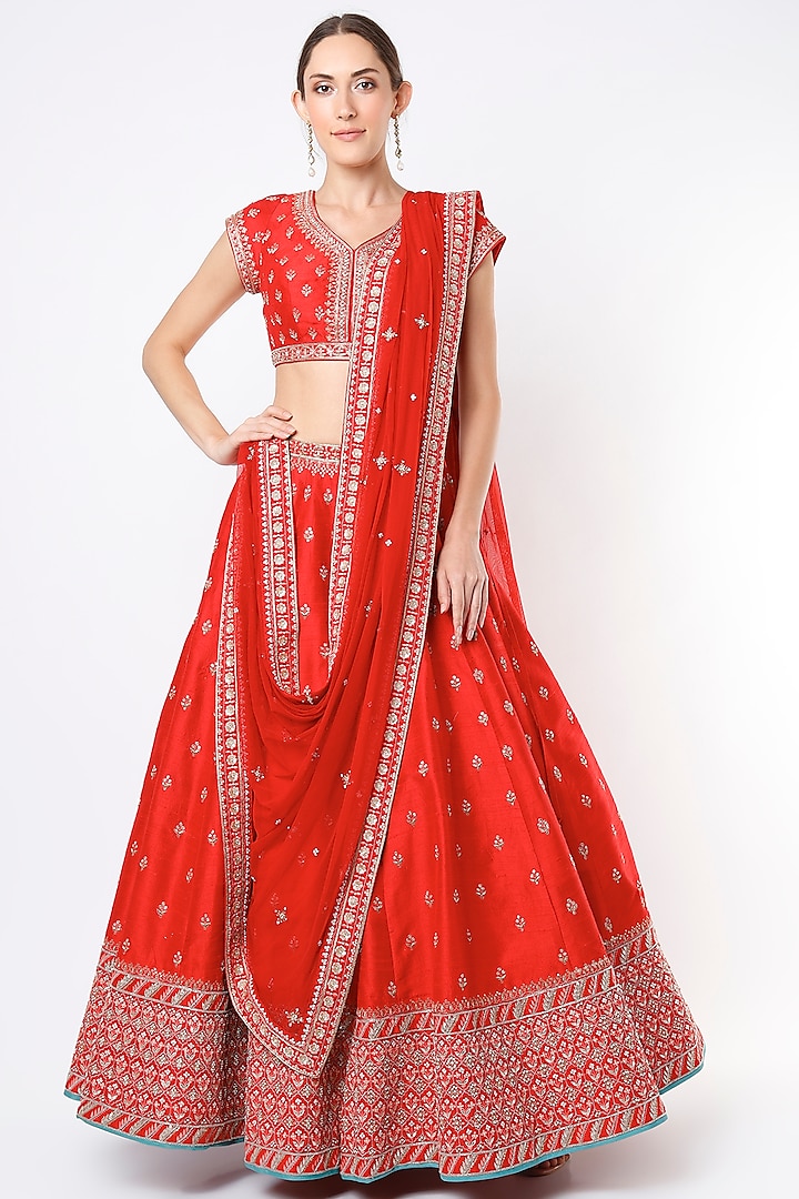 Red Hand Embroidered Lehenga Set by Anita Dongre