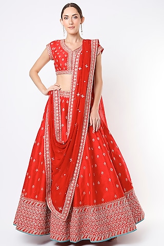 Red Hand Embroidered Lehenga Set by Anita Dongre