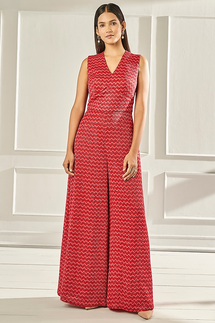 Bright Red Printed Jumpsuit by Anita Dongre