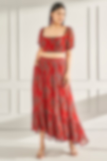Fiery Red Printed Skirt Set by Anita Dongre