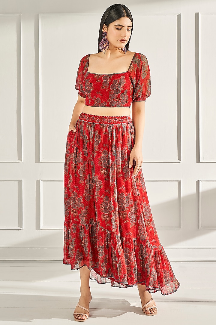 Fiery Red Printed Skirt Set by Anita Dongre