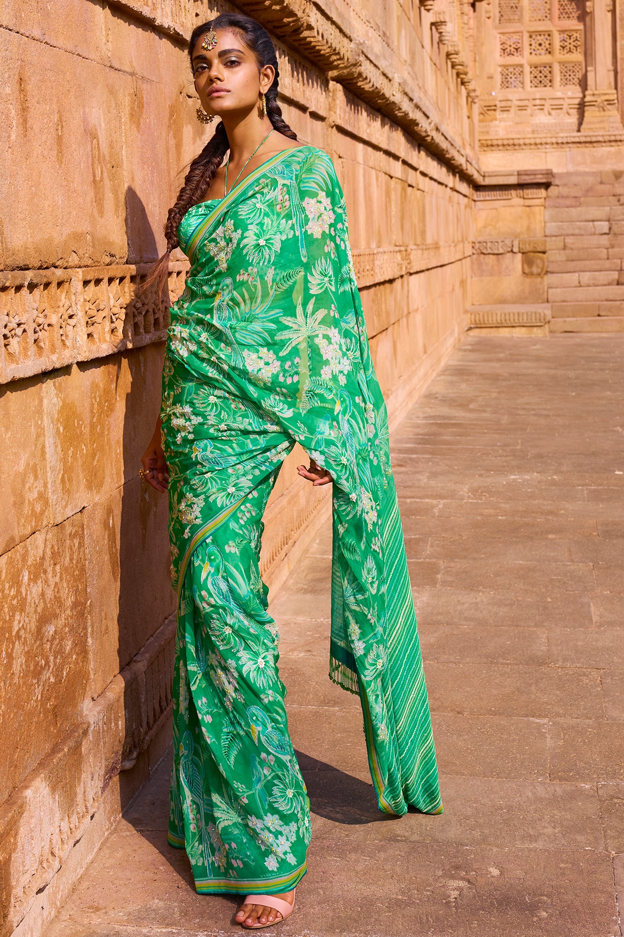 Green Printed Georgette Saree – Leemboodi