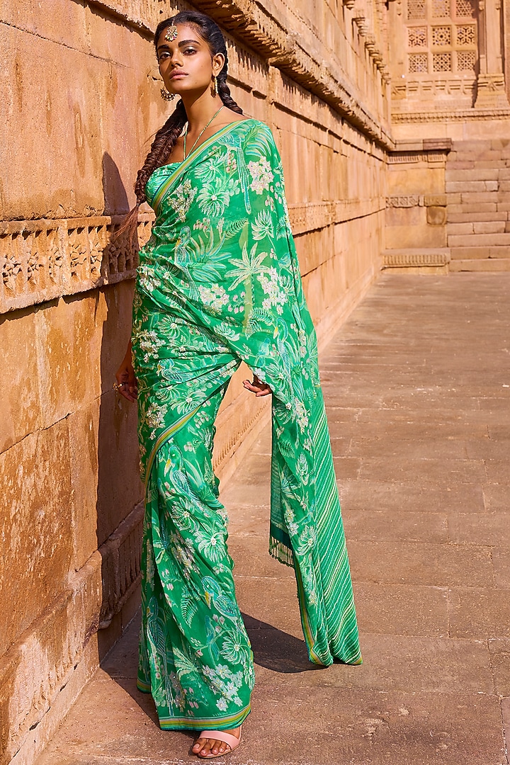 Pastel Green Printed & Embroidered Saree Set by Anita Dongre