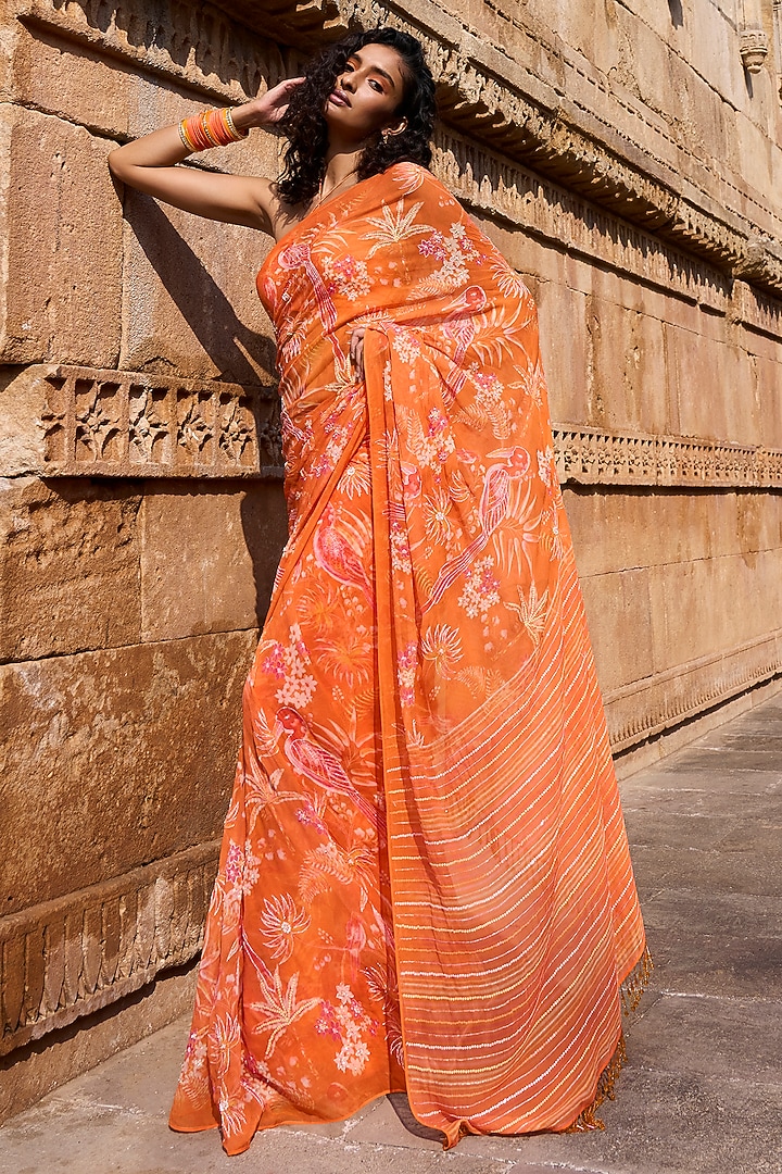 Bright Orange Printed & Embroidered Wedding Saree Set by Anita Dongre at Pernia's Pop Up Shop