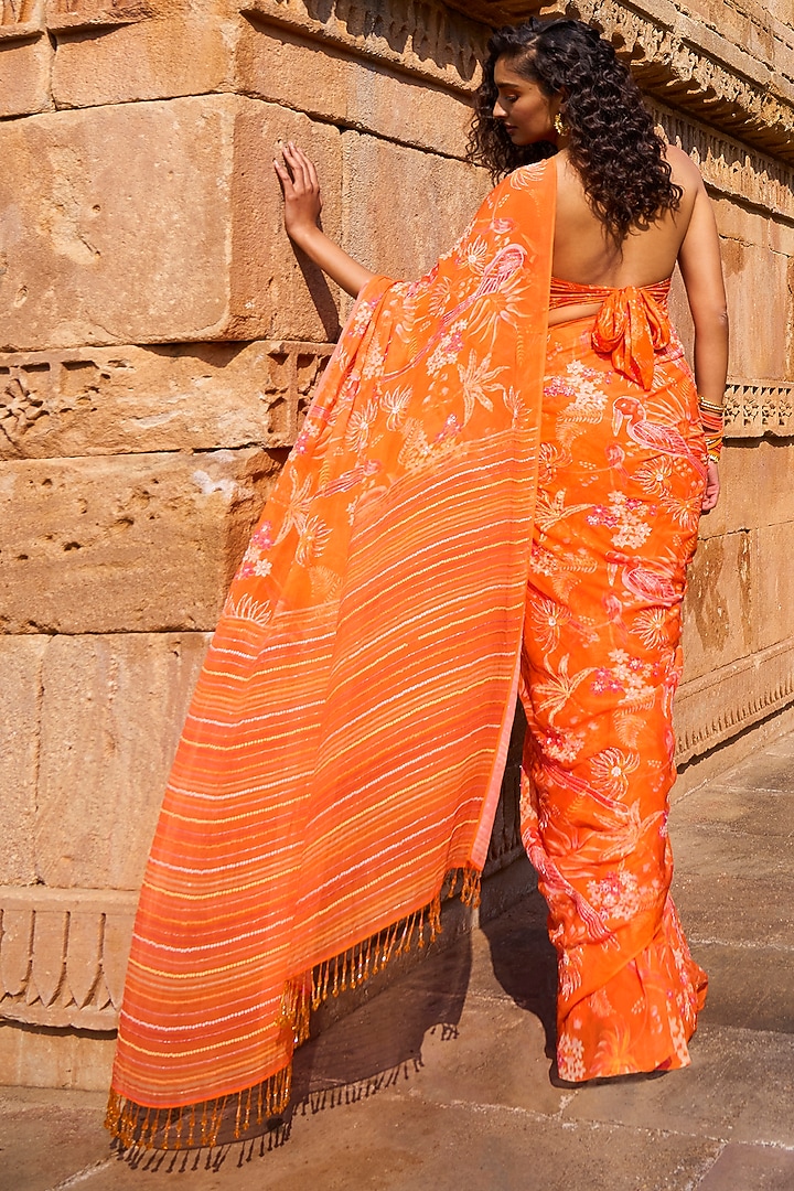 Bright Orange Printed & Embroidered Wedding Saree Set by Anita Dongre at Pernia's Pop Up Shop