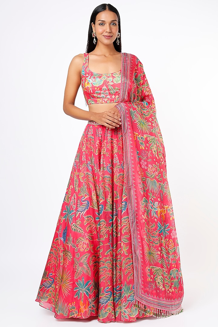 Ruby Red Cupro Lyocell Printed & Embroidered Lehenga Set by Anita Dongre