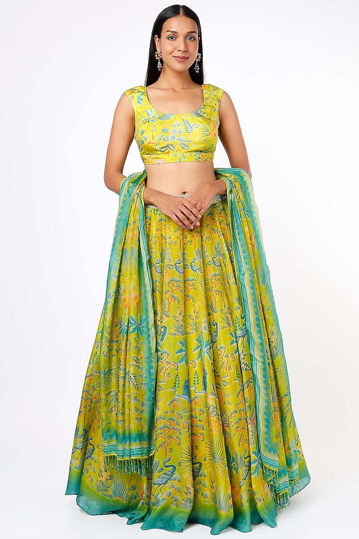 Lime Yellow Digital Printed Wedding Lehenga Set by Anita Dongre at Pernia's Pop Up Shop