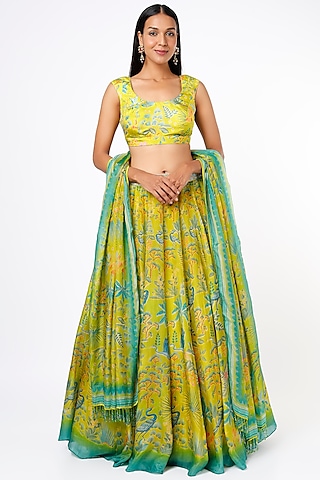 Lime Yellow Digital Printed Lehenga Set by Anita Dongre