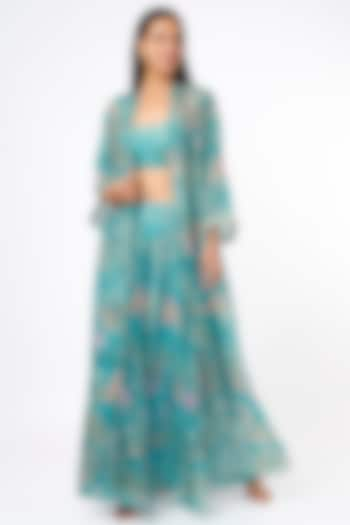 Medium Turquoise Printed Jacket Set by Anita Dongre