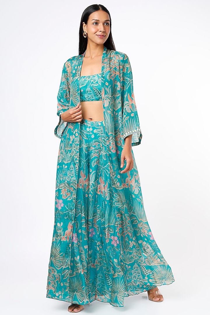 Medium Turquoise Printed Jacket Set by Anita Dongre