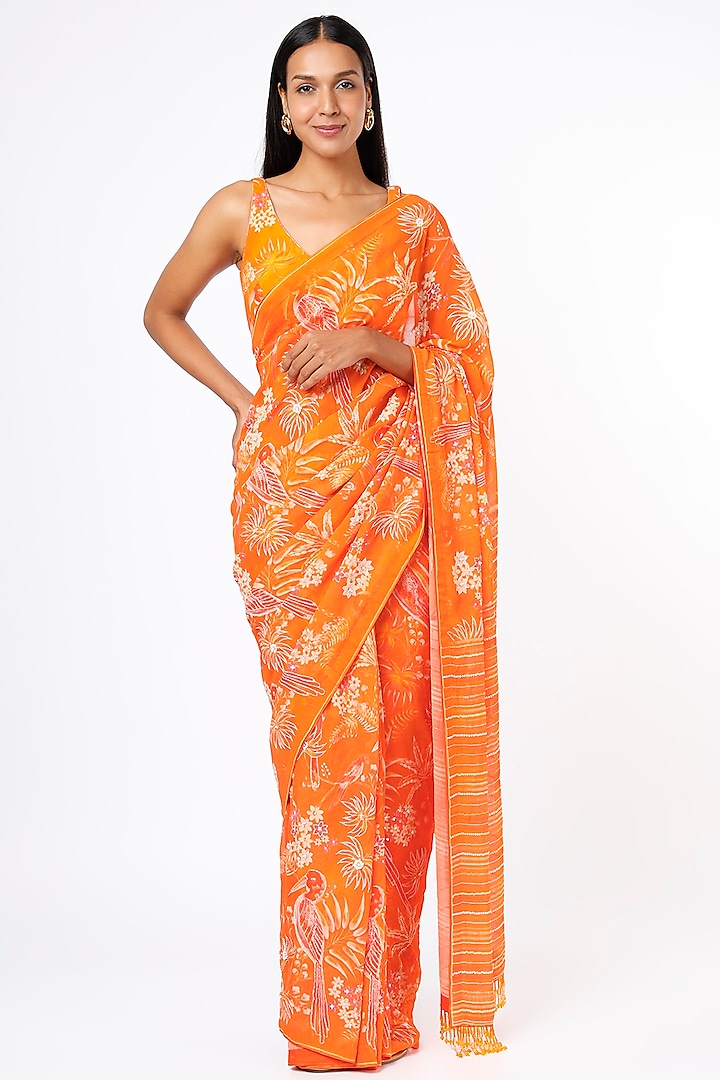 Bright Orange Printed & Embroidered Wedding Saree Set by Anita Dongre at Pernia's Pop Up Shop