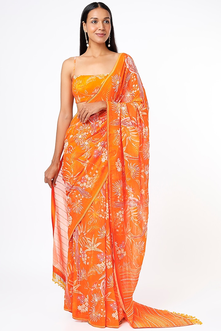 Bright Orange Digital Printed Saree Set by Anita Dongre