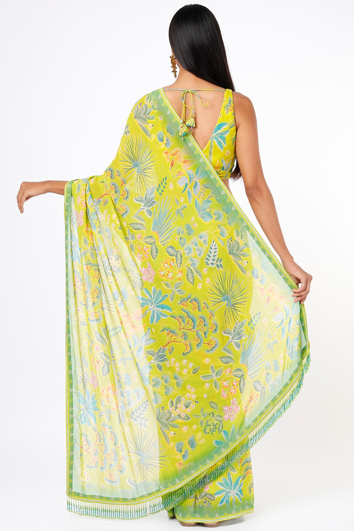 Lime Yellow Printed & Embroidered Saree Set Design by Anita Dongre