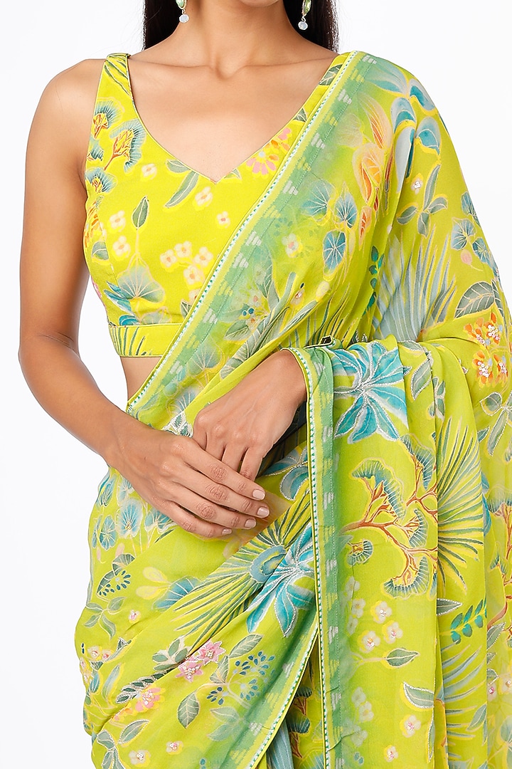 Lime Yellow Printed & Embroidered Wedding Saree Set by Anita Dongre at Pernia's Pop Up Shop