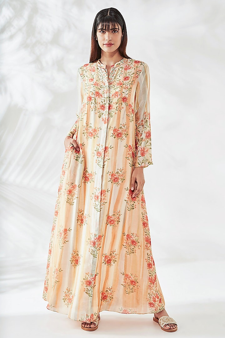 Beige Floral Kaftan With Side Pockets by Anita Dongre
