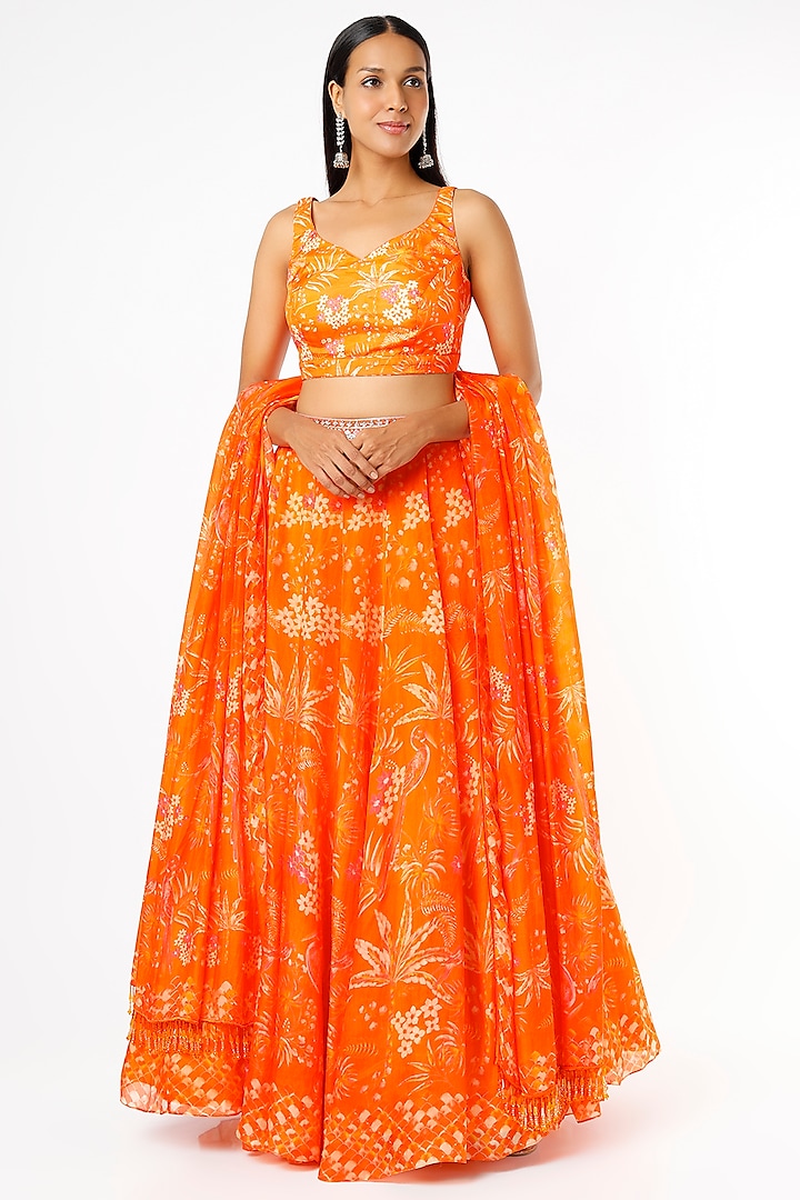 Orange Printed & Embroidered Lehenga Set by Anita Dongre