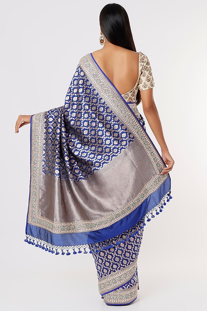Electric Blue Banarasi Embroidered Reception Saree Set by Anita Dongre at Pernia's Pop Up Shop
