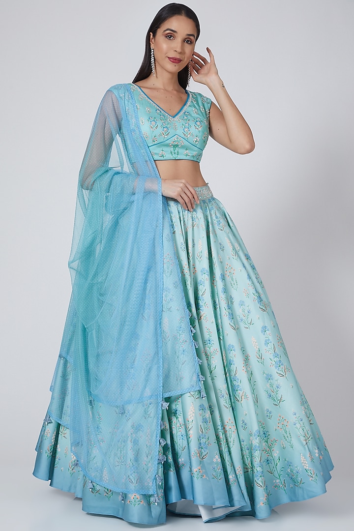 Ice Blue Floral Printed Flared Lehenga Set by Anita Dongre