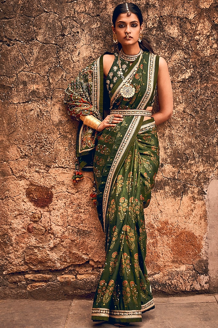 Emerald Green Hand Block Printed Saree Set by Anita Dongre at Pernia's Pop Up Shop