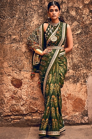 Emerald Green Hand Block Printed Saree Set by Anita Dongre