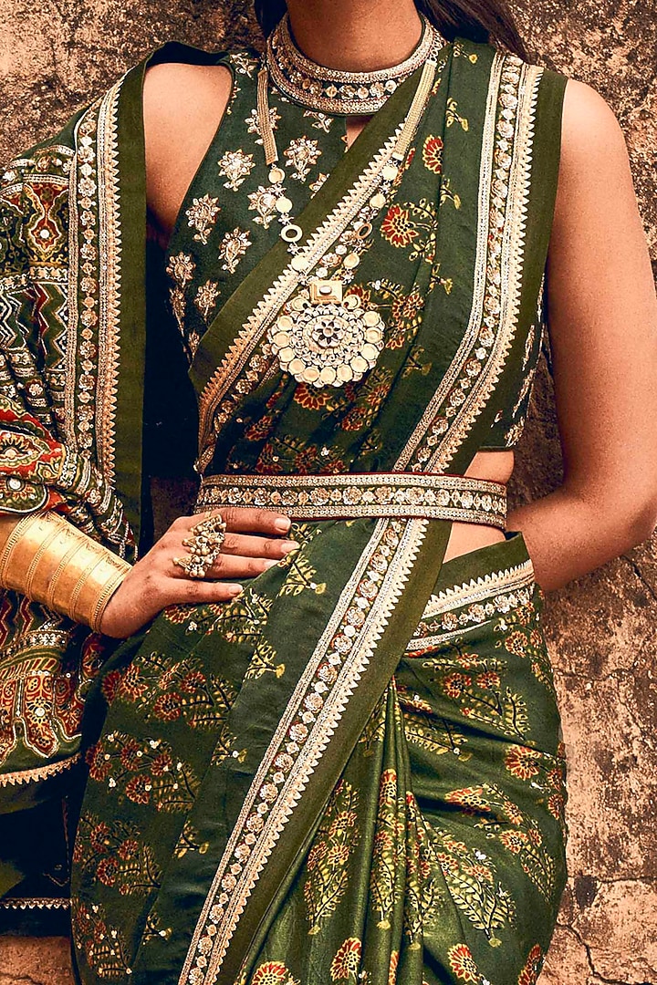 Emerald Green Hand Block Printed Wedding Saree Set by Anita Dongre at Pernia's Pop Up Shop