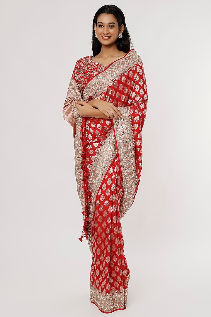 Red Embroidered Handwoven Saree Set by Anita Dongre