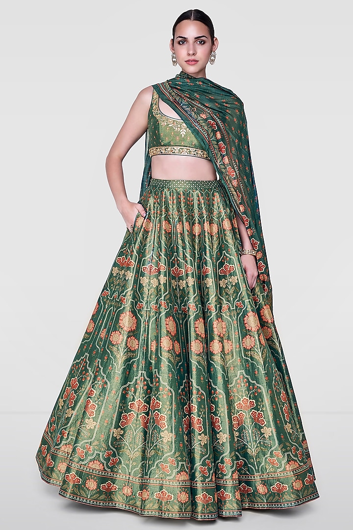 Emerald Green Floral Printed Wedding Lehenga Set by Anita Dongre at Pernia's Pop Up Shop