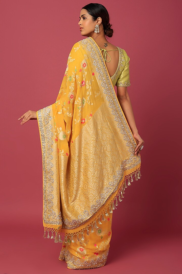 Orange Bemberg Georgette Embroidered Reception Saree Set by Anita Dongre at Pernia's Pop Up Shop