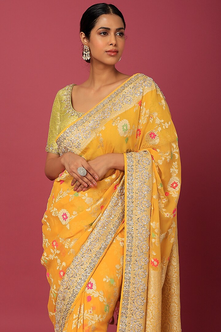 Orange Bemberg Georgette Embroidered Reception Saree Set by Anita Dongre at Pernia's Pop Up Shop