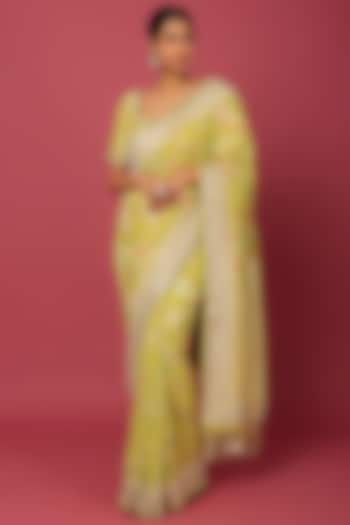 Lime Yellow Bemberg Georgette Embroidered Saree Set by Anita Dongre