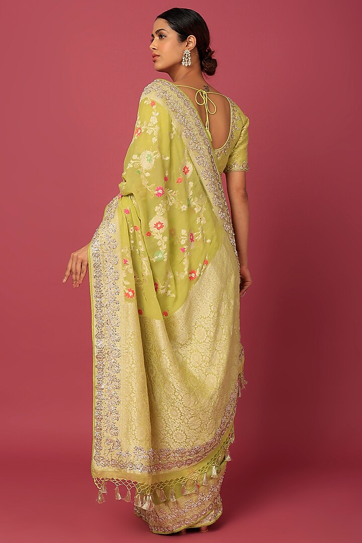 Lime Yellow Bemberg Georgette Embroidered Reception Saree Set by Anita Dongre at Pernia's Pop Up Shop