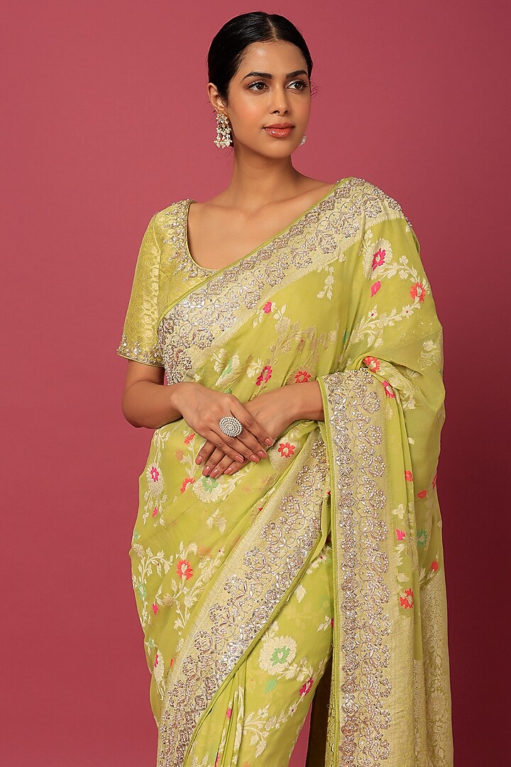 Lime Yellow Bemberg Georgette Embroidered Reception Saree Set by Anita Dongre at Pernia's Pop Up Shop