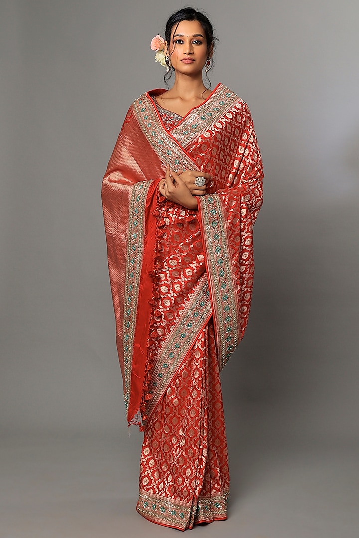 Red Handwoven Embroidered Saree Set by Anita Dongre