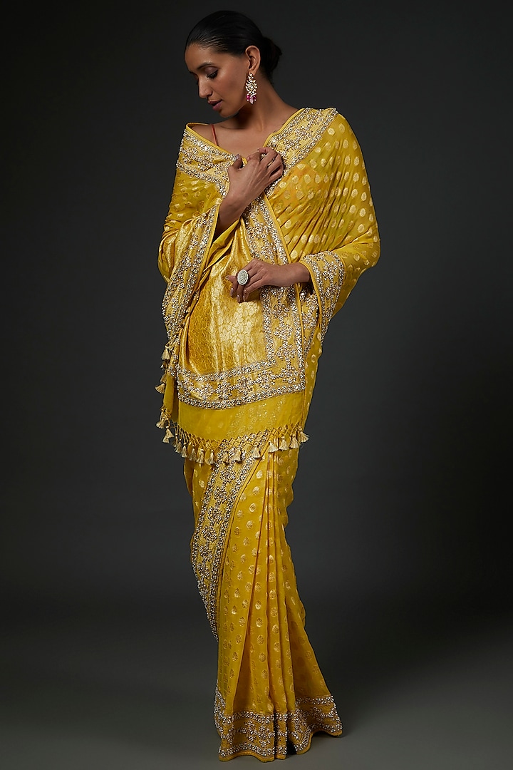 Yellow Bemberg Georgette Embroidered Saree Set by Anita Dongre